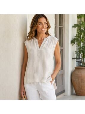 Ellen Tracy Linen Blend Striped Sleeveless Top Beige White Split Hem S Coastal
